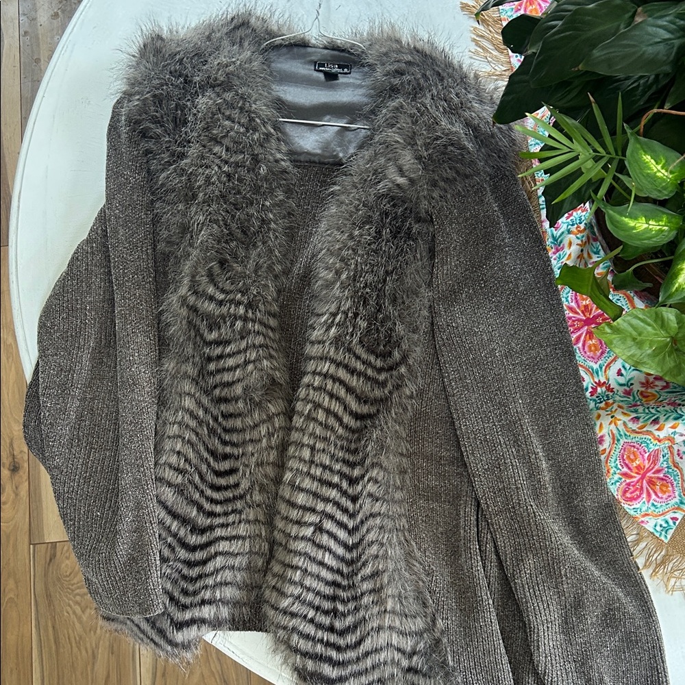 Lisa International Faux Fur Trimmed Cardigan - Gray